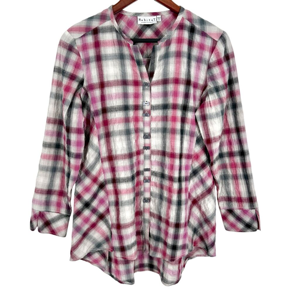 Habitat Sz XS Pink White Black Wearable Art to Wear Artsy Blouse Shirt Top Plaid